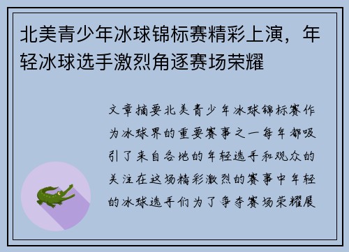 北美青少年冰球锦标赛精彩上演，年轻冰球选手激烈角逐赛场荣耀